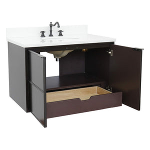 Bellaterra 37" Single Wall Mount Vanity in Cappuccino Finish with Counter Top and Sink 400503-CAB-CP, White Quartz / Oval, Open