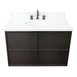 Bellaterra 37" Single Wall Mount Vanity in Cappuccino Finish with Counter Top and Sink 400503-CAB-CP, White Quartz / Oval, Basin