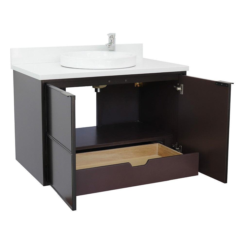 Bellaterra 37" Single Wall Mount Vanity in Cappuccino Finish with Counter Top and Sink 400503-CAB-CP, White Quartz / Round, Open