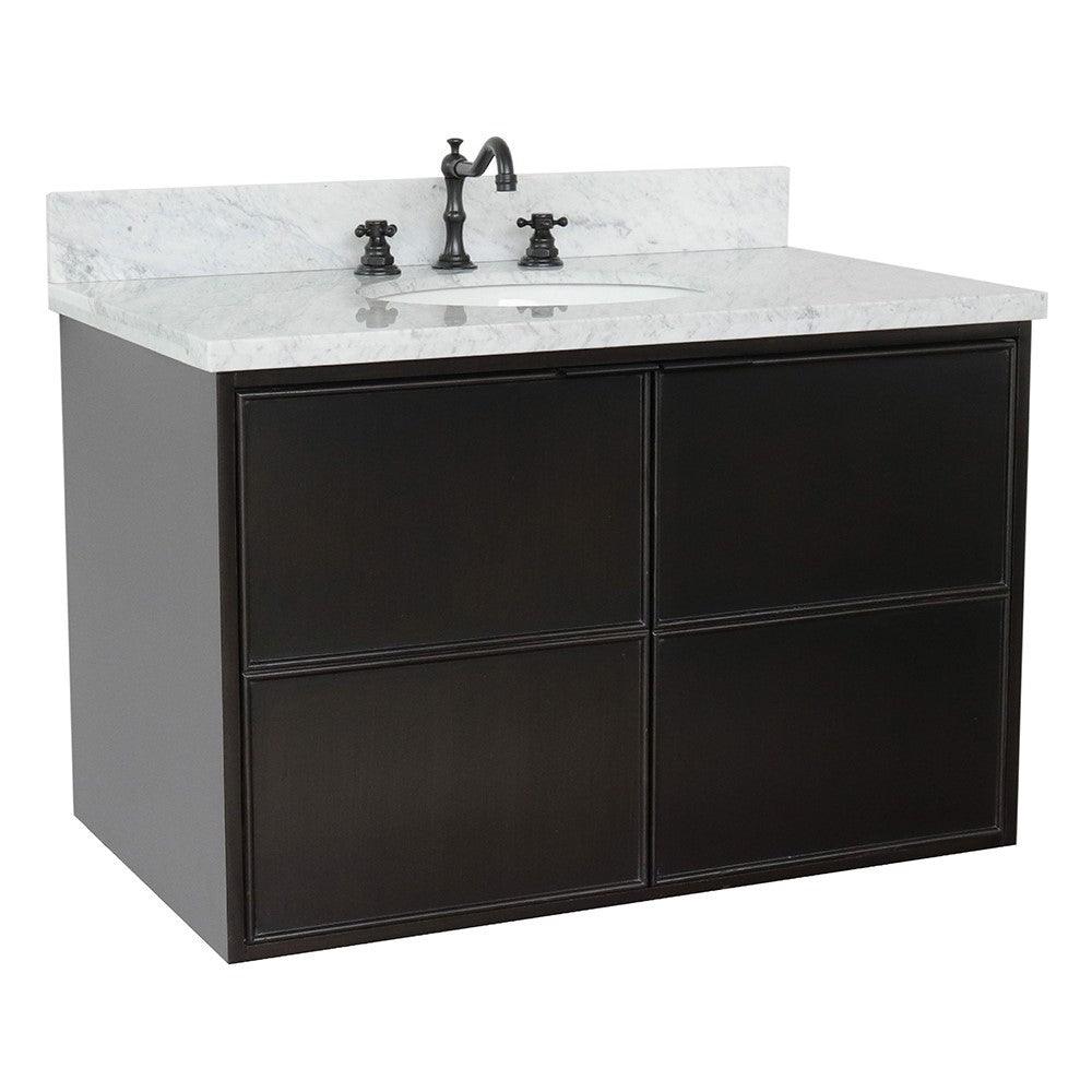 Bellaterra 37" Single Wall Mount Vanity in Cappuccino Finish with Counter Top and Sink 400503-CAB-CP, White Carrara Marble / Oval, Front