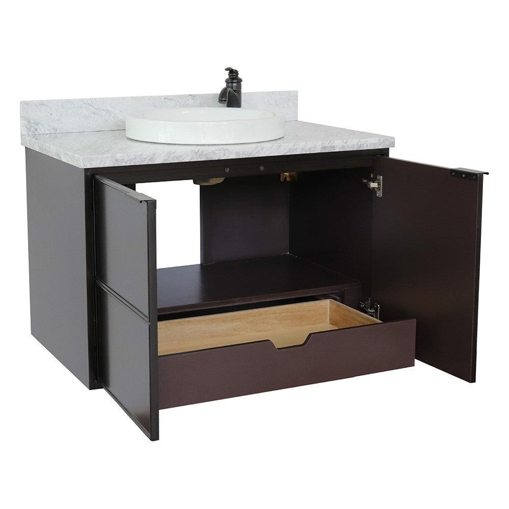 Bellaterra 37" Single Wall Mount Vanity in Cappuccino Finish with Counter Top and Sink 400503-CAB-CP, White Carrara Marble / Round, Open