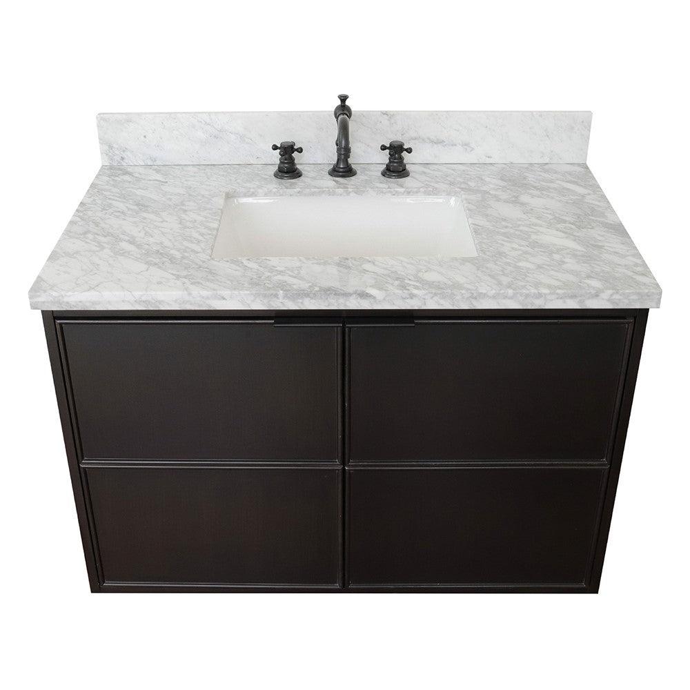 Bellaterra 37" Single Wall Mount Vanity in Cappuccino Finish with Counter Top and Sink 400503-CAB-CP, White Carrara Marble / Rectangle, Front