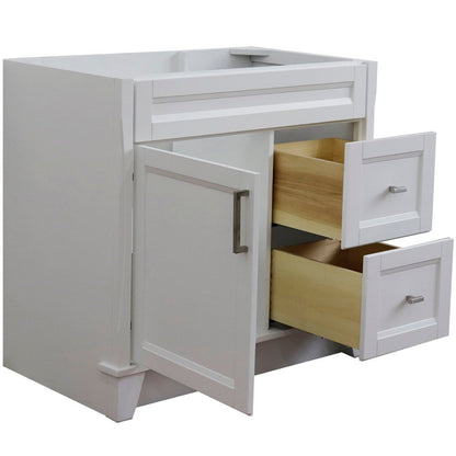 Bellaterra 400700-36L-BU-DG-WH 36" Single Sink Vanity - Cabinet Only - Left Door , White, Front, Open doors and drawers