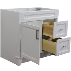 Bellaterra 400700-36L-BU-DG-WH 36" Single Sink Vanity - Cabinet Only - Left Door , White, Front, Open doors and drawers