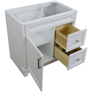 Bellaterra 400700-36L-BU-DG-WH 36" Single Sink Vanity - Cabinet Only - Left Door , White, Open Drawers and door