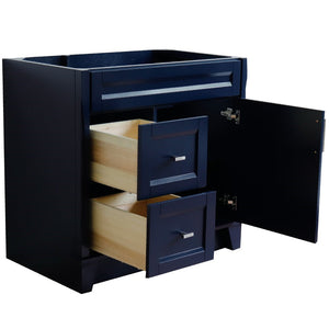 Bellaterra 400700-36R 36" Single Sink Vanity - Cabinet Only - Right Drawers - Blue, Front, Open Door and drawers