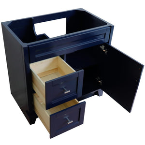 Bellaterra 400700-36R 36" Single Sink Vanity - Cabinet Only - Right Drawers - Blue, Top, Open doors and drawers