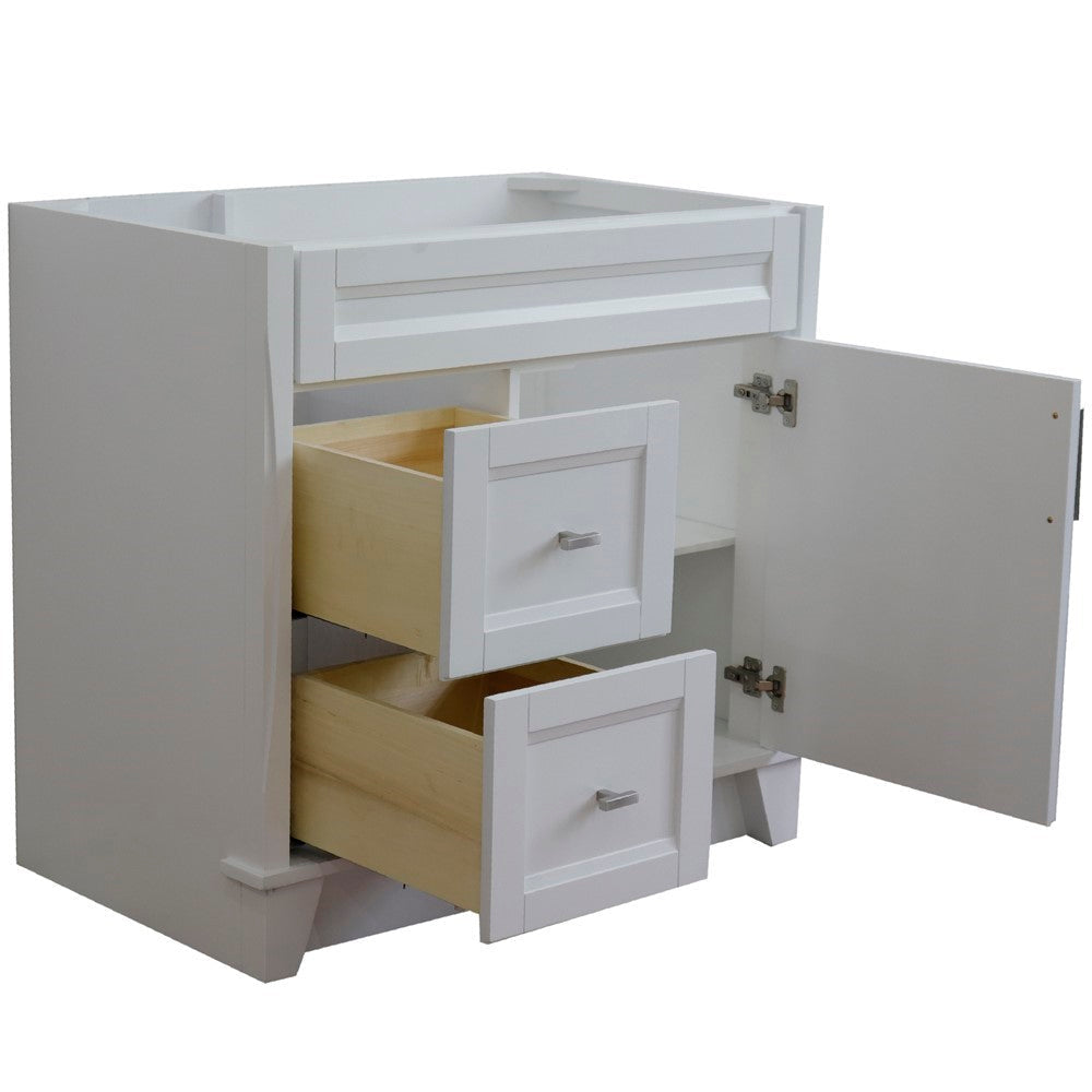 Bellaterra 400700-36R 36" Single Sink Vanity - Cabinet Only - Right Drawers - White, Open drawers and door. 