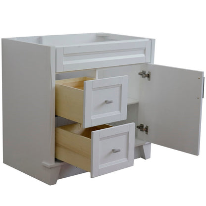 Bellaterra 400700-36R 36" Single Sink Vanity - Cabinet Only - Right Drawers - White, Open drawers and door. 