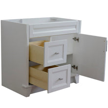 Load image into Gallery viewer, Bellaterra 400700-36R 36&quot; Single Sink Vanity - Cabinet Only - Right Drawers - White, Open drawers and door. 
