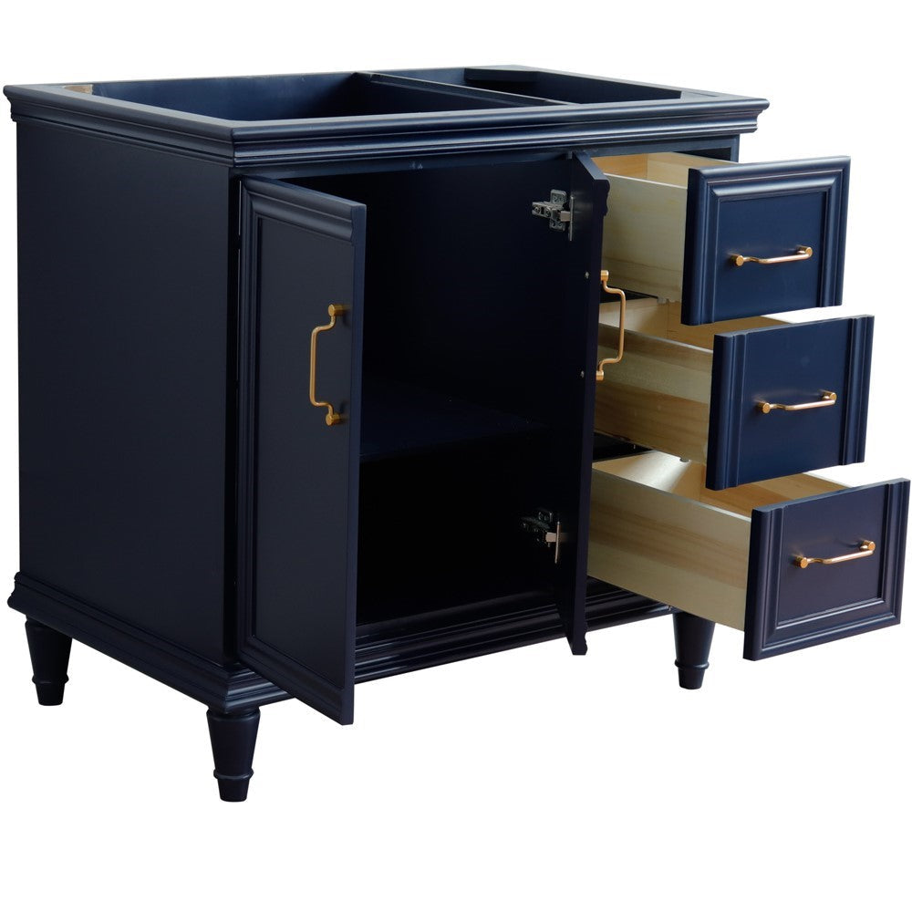 Bellaterra 400800-36L-R 36" Single Vanity - Cabinet Only - Blue / Left Door, Front, Open doors and drawers