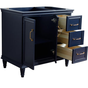 Bellaterra 400800-36L-R 36" Single Vanity - Cabinet Only - Blue / Left Door, Front, Open doors and drawers