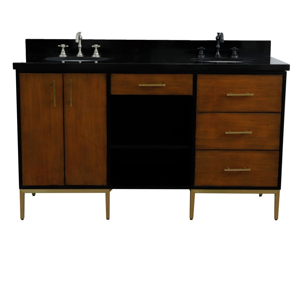 Bellaterra 61" Double Sink Vanity in Walnut/Black Finish with Counter Top and Sink 400900-61D-WB, Black Galaxy Granite / Oval, Front