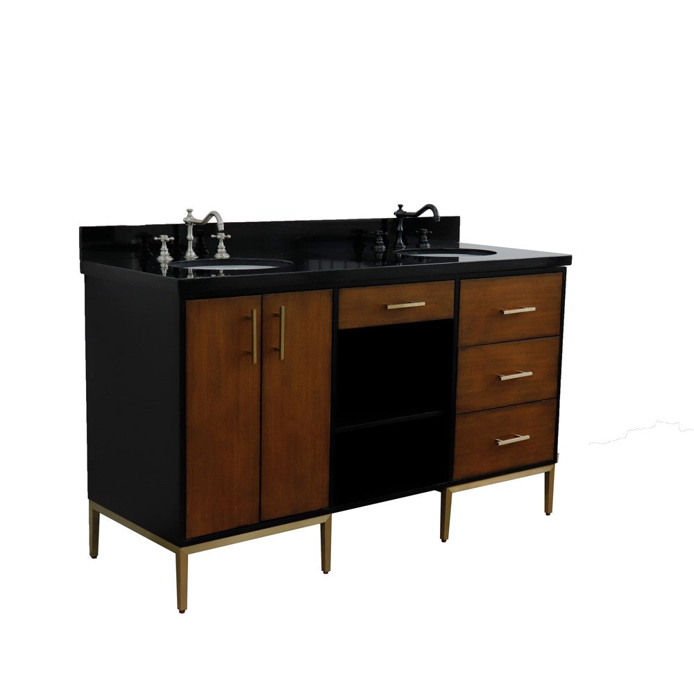 Bellaterra 61" Double Sink Vanity in Walnut/Black Finish with Counter Top and Sink 400900-61D-WB, Black Galaxy Granite / Oval, Front