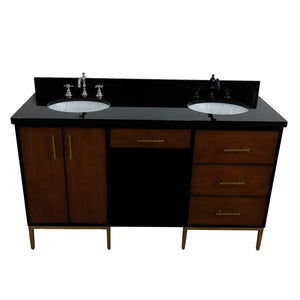 Bellaterra 61" Double Sink Vanity in Walnut/Black Finish with Counter Top and Sink 400900-61D-WB, Black Galaxy Granite / Oval, Top Front