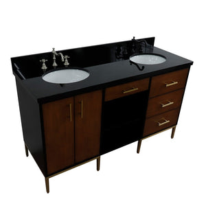 Bellaterra 61" Double Sink Vanity in Walnut/Black Finish with Counter Top and Sink 400900-61D-WB, Black Galaxy Granite / Oval, Top Front