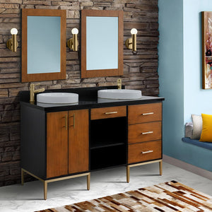 Bellaterra 61" Double Sink Vanity in Walnut/Black Finish with Counter Top and Sink 400900-61D-WB, Black Galaxy Granite / Round, Front