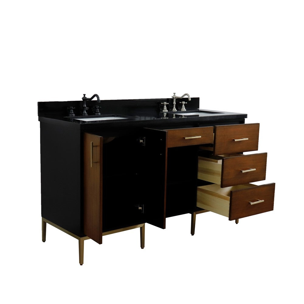 Bellaterra 61" Double Sink Vanity in Walnut/Black Finish with Counter Top and Sink 400900-61D-WB, Black Galaxy Granite / Rectangle, Open