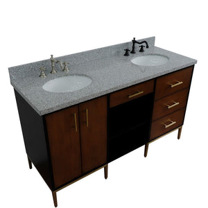 Bellaterra 61" Double Sink Vanity in Walnut/Black Finish with Counter Top and Sink 400900-61D-WB, Gray Granite / Oval, Top Front