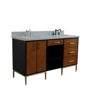 Bellaterra 61" Double Sink Vanity in Walnut/Black Finish with Counter Top and Sink 400900-61D-WB, Gray Granite / Oval, Front