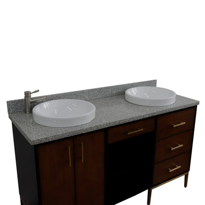 Bellaterra 61" Double Sink Vanity in Walnut/Black Finish with Counter Top and Sink 400900-61D-WB, Gray Granite / Round, Front