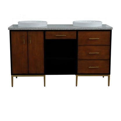 Bellaterra 61" Double Sink Vanity in Walnut/Black Finish with Counter Top and Sink 400900-61D-WB, Gray Granite / Round, Front