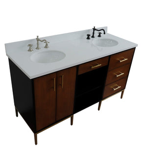 Bellaterra 61" Double Sink Vanity in Walnut/Black Finish with Counter Top and Sink 400900-61D-WB, White Quartz / Oval, Front Top view