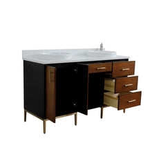 Load image into Gallery viewer, Bellaterra 61&quot; Double Sink Vanity in Walnut/Black Finish with Counter Top and Sink 400900-61D-WB, White Quartz / Round, Open