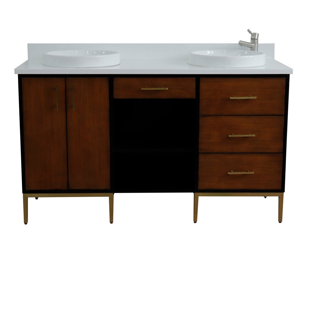 Bellaterra 61" Double Sink Vanity in Walnut/Black Finish with Counter Top and Sink 400900-61D-WB, White Quartz / Round, Front