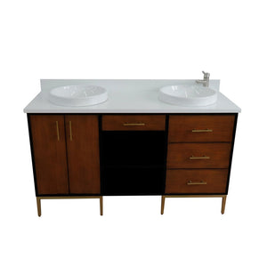 Bellaterra 61" Double Sink Vanity in Walnut/Black Finish with Counter Top and Sink 400900-61D-WB, White Quartz / Round, Front Top view