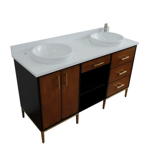 Bellaterra 61" Double Sink Vanity in Walnut/Black Finish with Counter Top and Sink 400900-61D-WB, White Quartz / Round, Top View 
