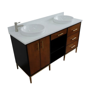 Bellaterra 61" Double Sink Vanity in Walnut/Black Finish with Counter Top and Sink 400900-61D-WB, White Quartz / Round, Top Side view