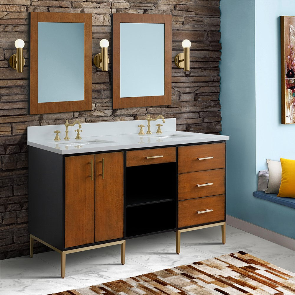 Bellaterra 61" Double Sink Vanity in Walnut/Black Finish with Counter Top and Sink 400900-61D-WB, White Quartz / Rectangle, Front