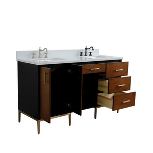 Bellaterra 61" Double Sink Vanity in Walnut/Black Finish with Counter Top and Sink 400900-61D-WB, White Quartz / Rectangle, Open