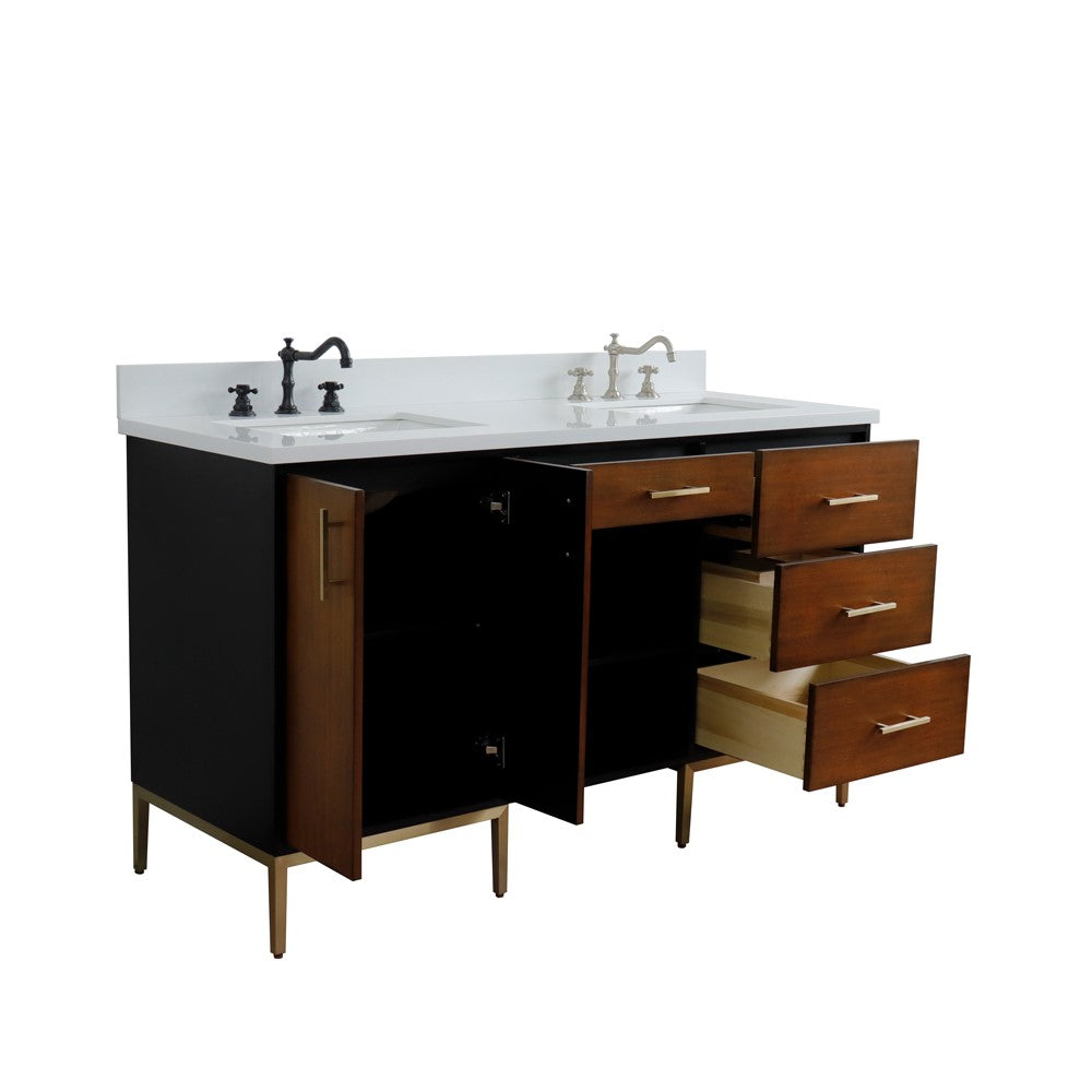 Bellaterra 61" Double Sink Vanity in Walnut/Black Finish with Counter Top and Sink 400900-61D-WB, White Quartz / Rectangle, Open