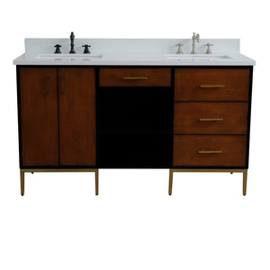 Bellaterra 61" Double Sink Vanity in Walnut/Black Finish with Counter Top and Sink 400900-61D-WB, White Quartz / Rectangle, Front