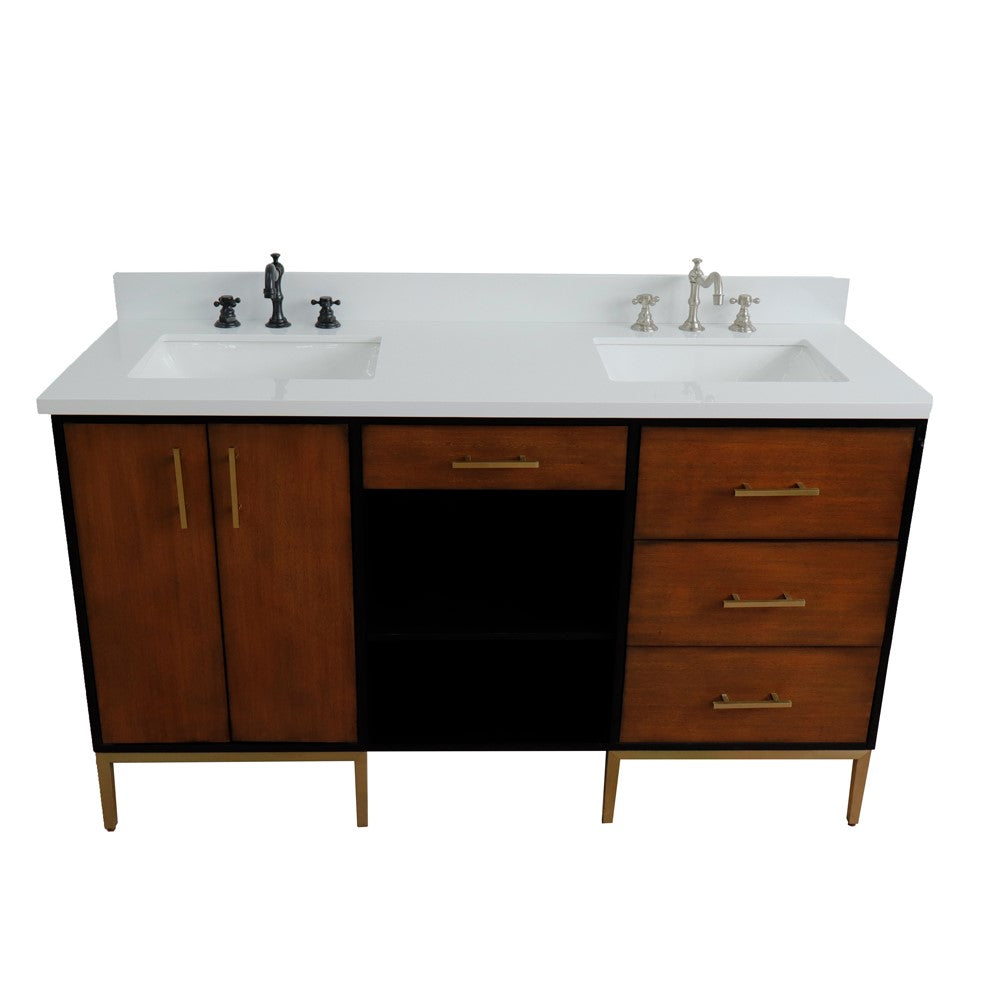 Bellaterra 61" Double Sink Vanity in Walnut/Black Finish with Counter Top and Sink 400900-61D-WB, White Quartz / Rectangle, Front