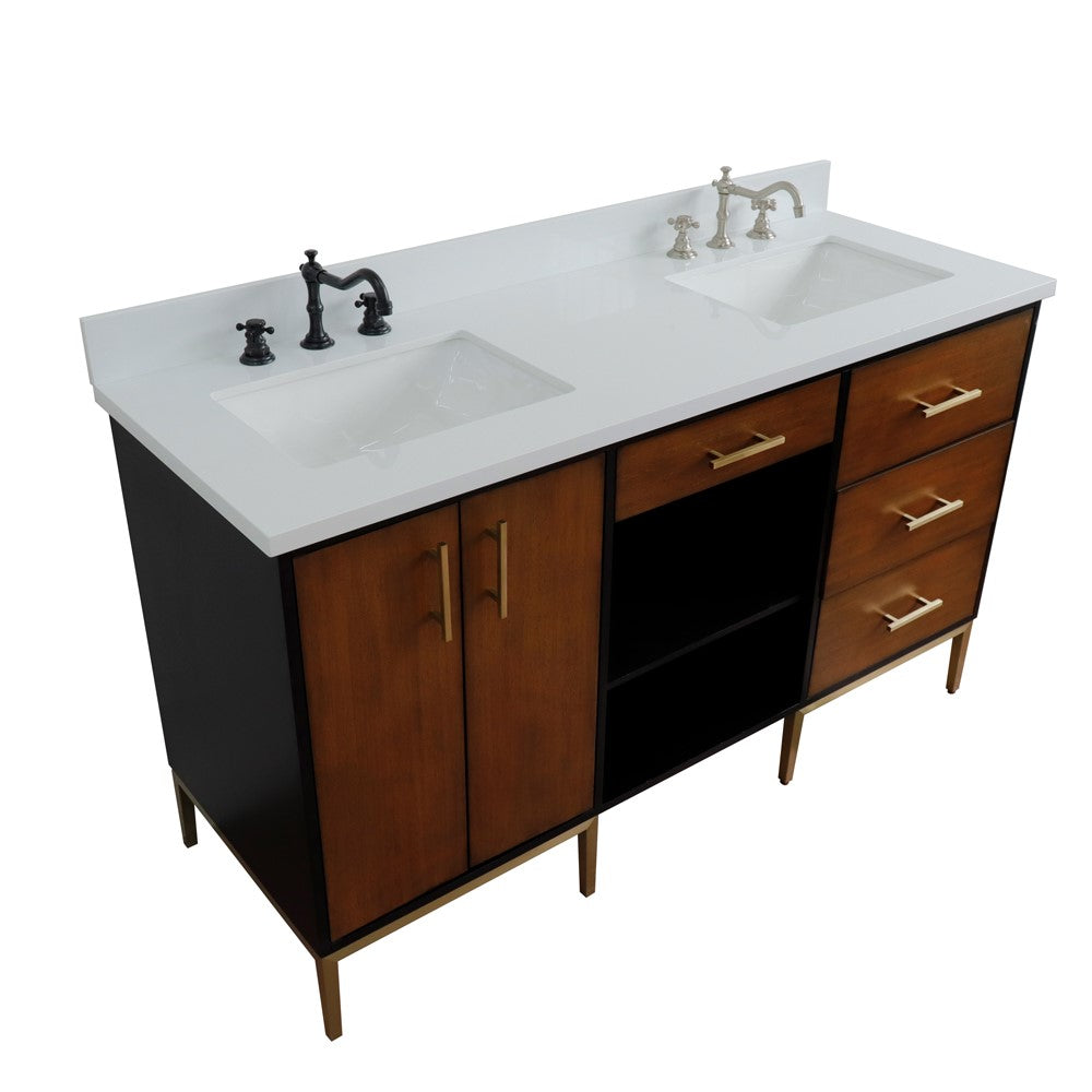 Bellaterra 61" Double Sink Vanity in Walnut/Black Finish with Counter Top and Sink 400900-61D-WB, White Quartz / Rectangle, Front Top