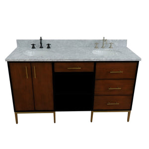Bellaterra 61" Double Sink Vanity in Walnut/Black Finish with Counter Top and Sink 400900-61D-WB, White Carrara Marble / Oval, Front