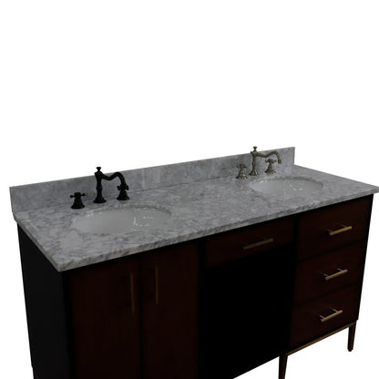 Bellaterra 61" Double Sink Vanity in Walnut/Black Finish with Counter Top and Sink 400900-61D-WB, White Carrara Marble / Oval, Front View