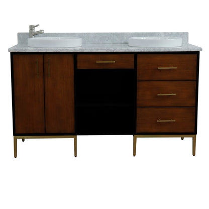 Bellaterra 61" Double Sink Vanity in Walnut/Black Finish with Counter Top and Sink 400900-61D-WB, White Carrara Marble / Round, Front