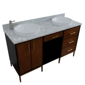 Bellaterra 61" Double Sink Vanity in Walnut/Black Finish with Counter Top and Sink 400900-61D-WB, White Carrara Marble / Round, Top Front