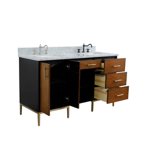 Bellaterra 61" Double Sink Vanity in Walnut/Black Finish with Counter Top and Sink 400900-61D-WB, White Carrara Marble / Rectangle, Open