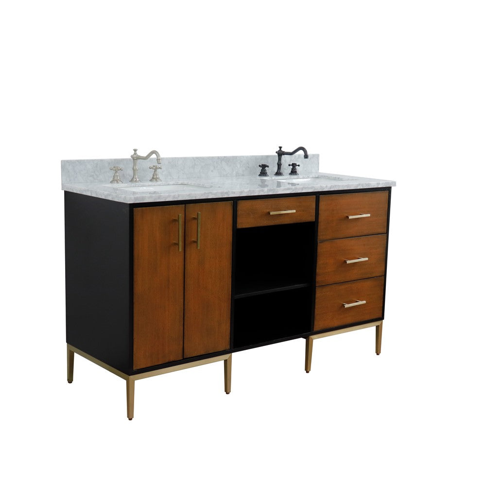 Bellaterra 61" Double Sink Vanity in Walnut/Black Finish with Counter Top and Sink 400900-61D-WB, White Carrara Marble / Rectangle, Front