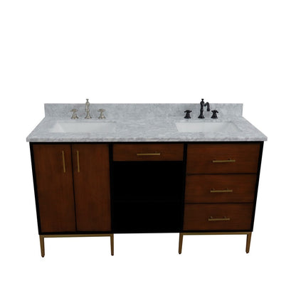 Bellaterra 61" Double Sink Vanity in Walnut/Black Finish with Counter Top and Sink 400900-61D-WB, White Carrara Marble / Rectangle, Front