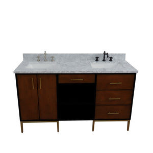 Bellaterra 61" Double Sink Vanity in Walnut/Black Finish with Counter Top and Sink 400900-61D-WB, White Carrara Marble / Rectangle, Front