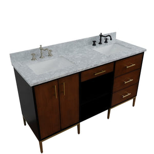 Bellaterra 61" Double Sink Vanity in Walnut/Black Finish with Counter Top and Sink 400900-61D-WB, White Carrara Marble / Rectangle, Top Sideview