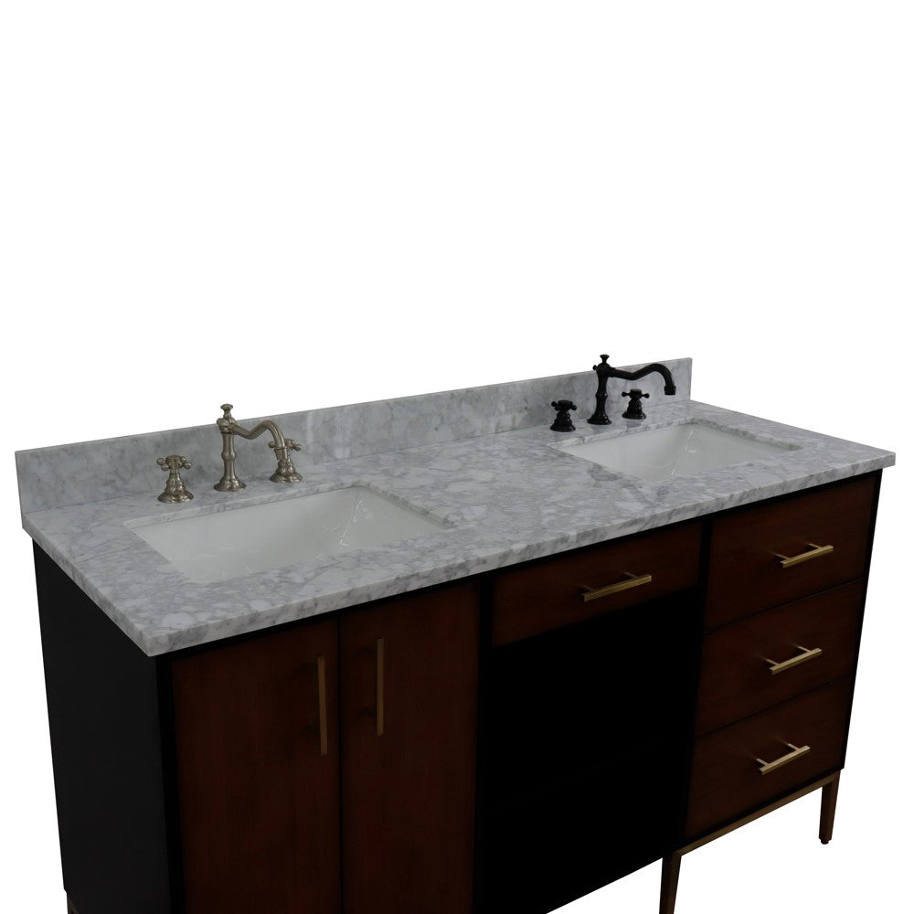 Bellaterra 61" Double Sink Vanity in Walnut/Black Finish with Counter Top and Sink 400900-61D-WB, White Carrara Marble / Rectangle, Top Sideview