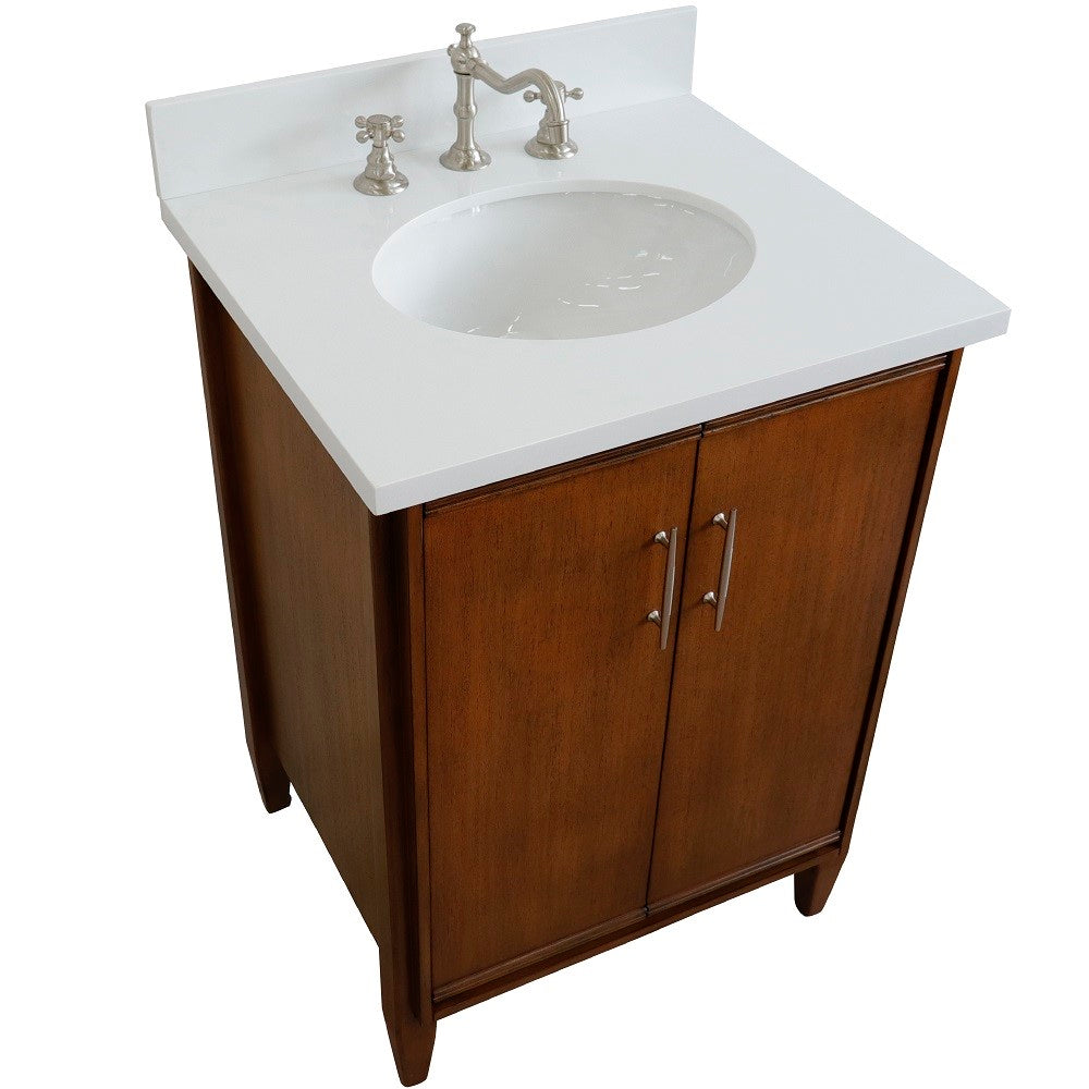 Bellaterra 25" Walnut Wood Single Vanity w/ Counter Top and Sink 400901-25-WA-WEO (White Quartz)