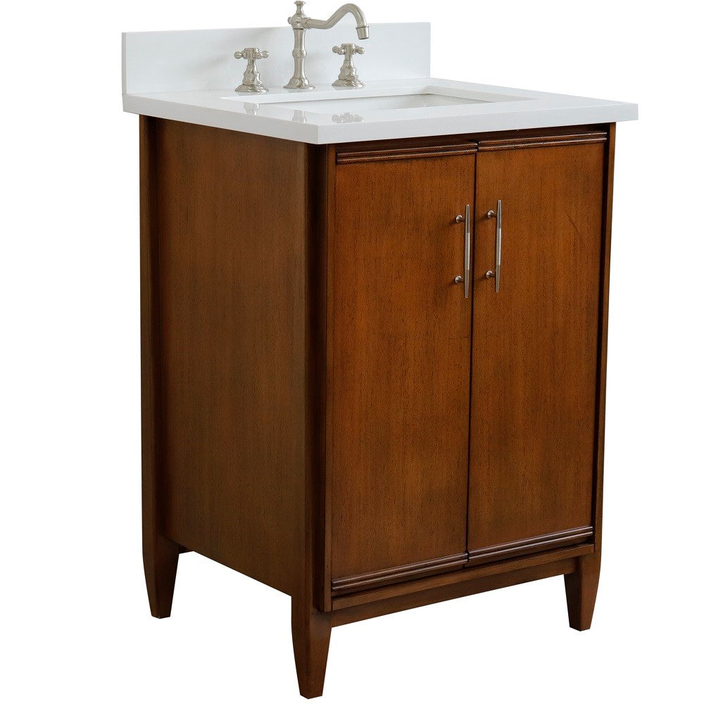 Bellaterra 25" Walnut Wood Single Vanity w/ Counter Top and Sink 400901-25-WA-WER (White Quartz)